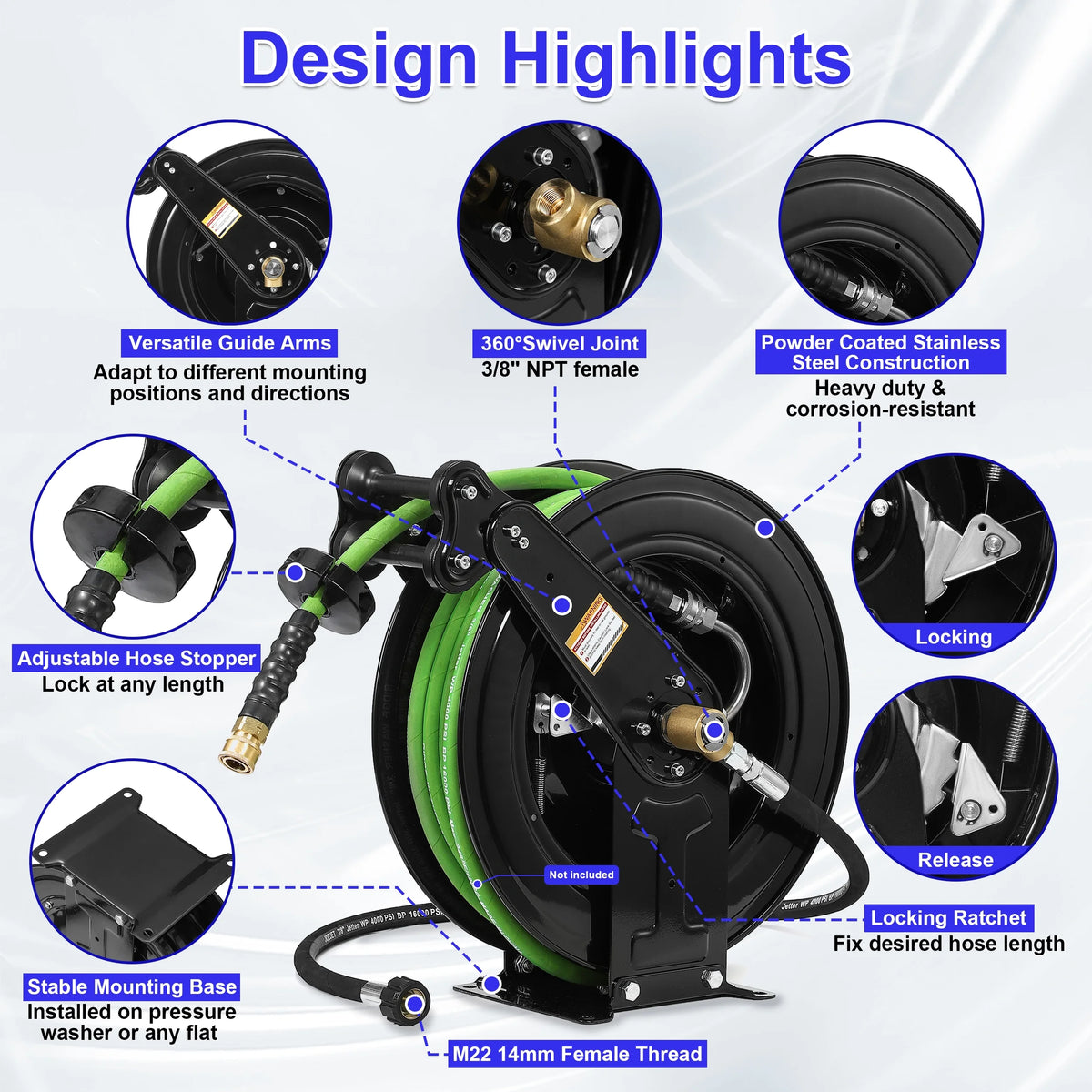 Enrouleur de tuyau automatique pour nettoyeur haute pression, 50 pi x 3/8, enrouleur robuste à double bras en acier pour tuyau de nettoyeur haute pression, 4 000 PSI