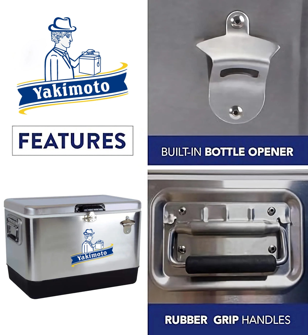 Glacière en acier inoxydable Yakimoto de 54 pintes – Glacière conservant la glace pendant 4 jours, avec décapsuleur intégré et fermoirs robustes en acier pour le camping, la pêche, la navigation et les fêtes entre amis