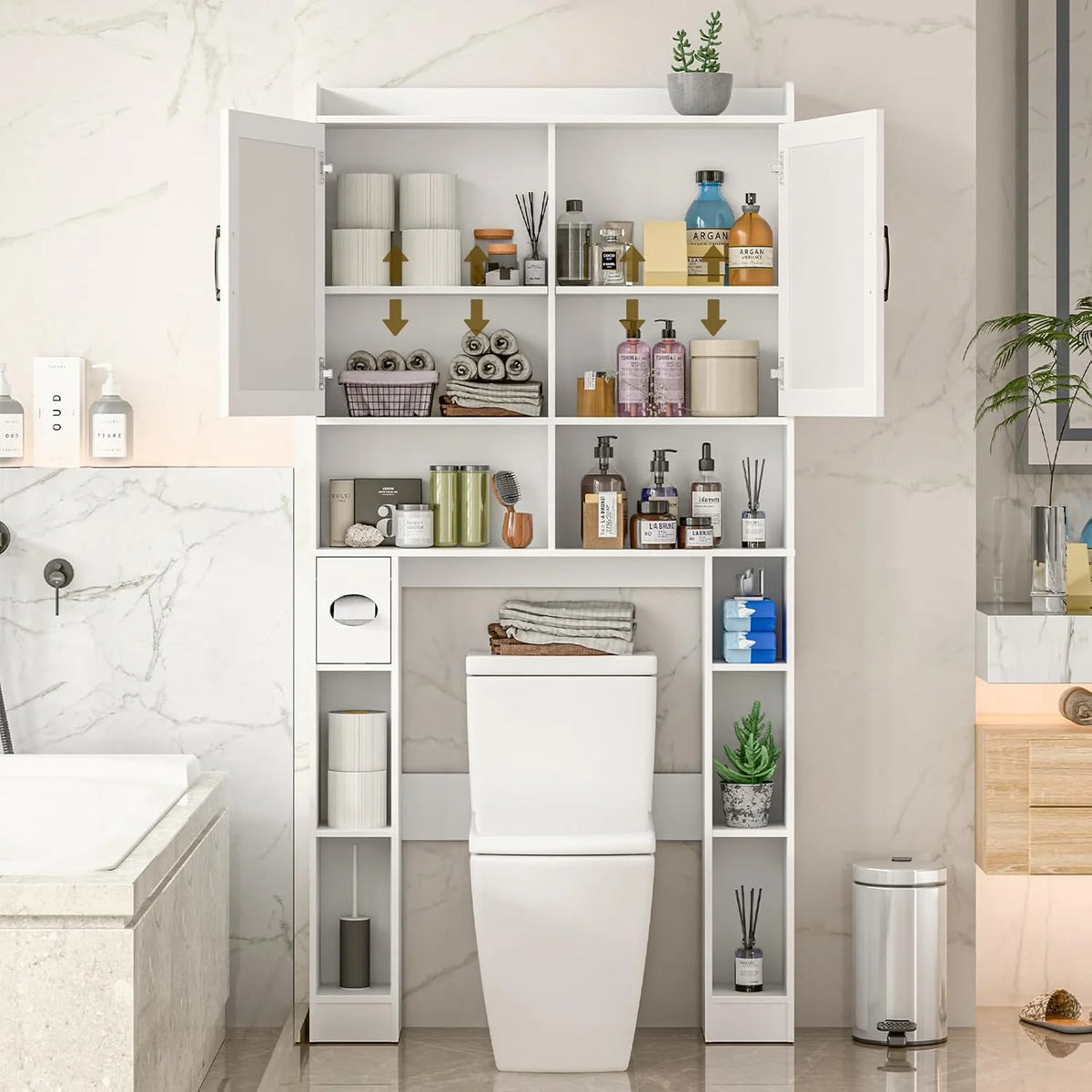 Meuble de rangement Vabches au-dessus des toilettes avec porte-papier toilette, avec étagère réglable et 2 portes