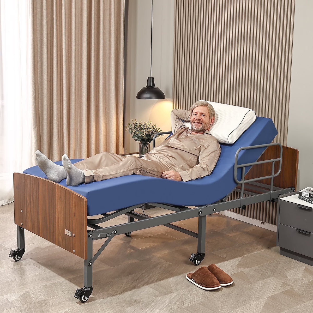 Lit d'hôpital ESHINE avec matelas imperméable 6 - Télécommande sans fil, tête de lit, roulettes de 2,5 pouces, inclinaison tête et pieds