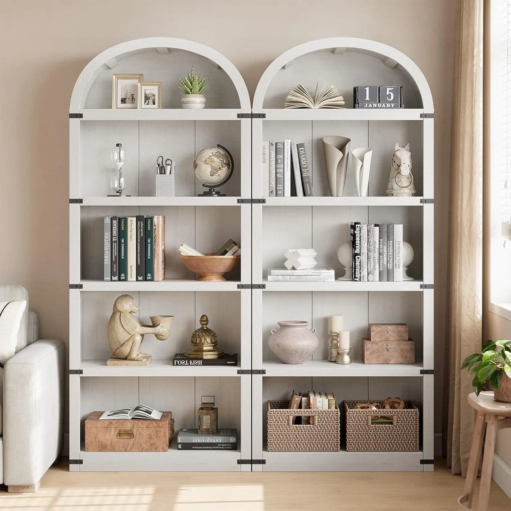 Bibliothèque à 5 étagères avec arche, 182 cm de haut, meuble de rangement et d’exposition de style rustique en bois pour bureau, salon ou maison (blanc)