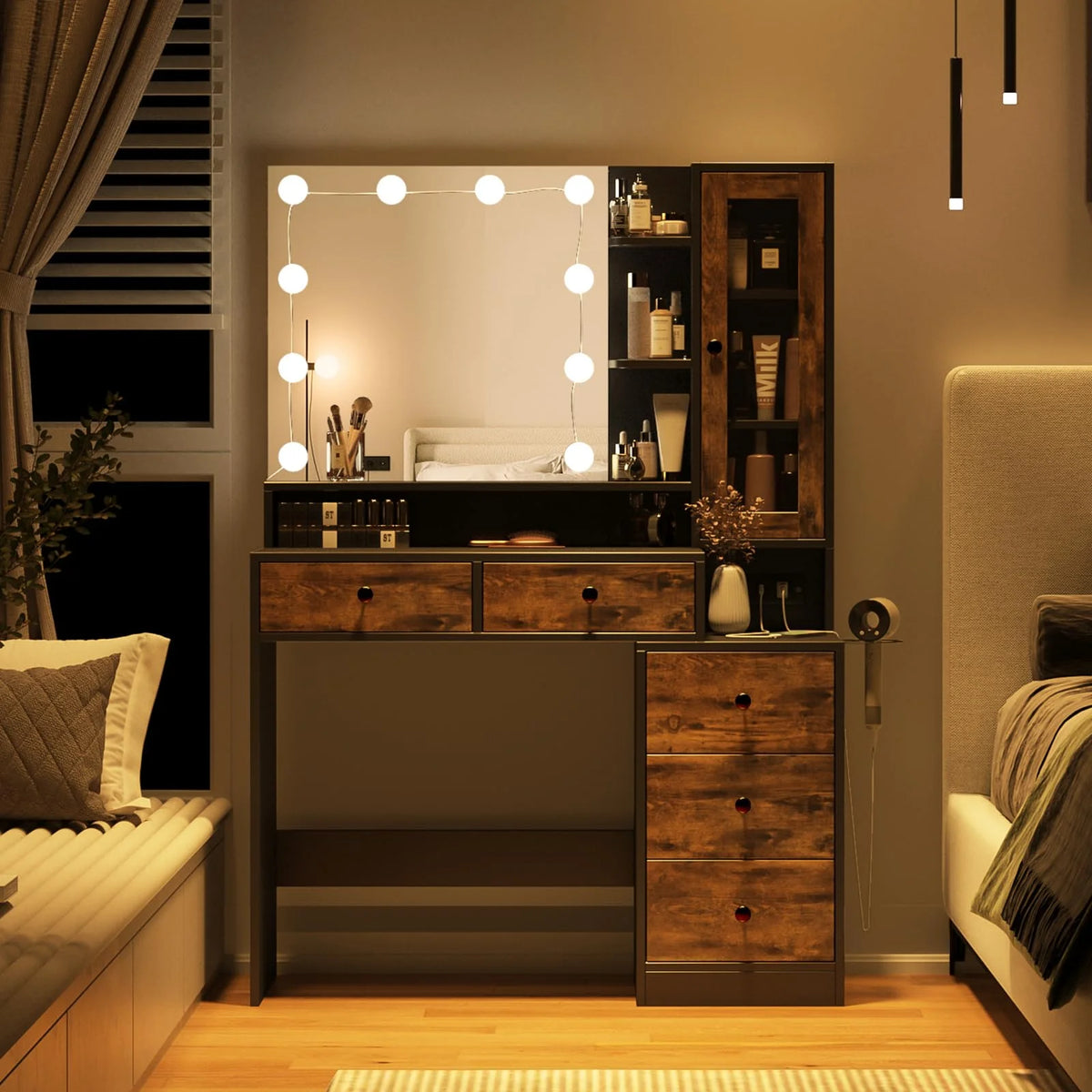 Coiffeuse VEANERWOOD avec miroir éclairé et bloc multiprise, table de maquillage moderne avec 5 tiroirs, blanc