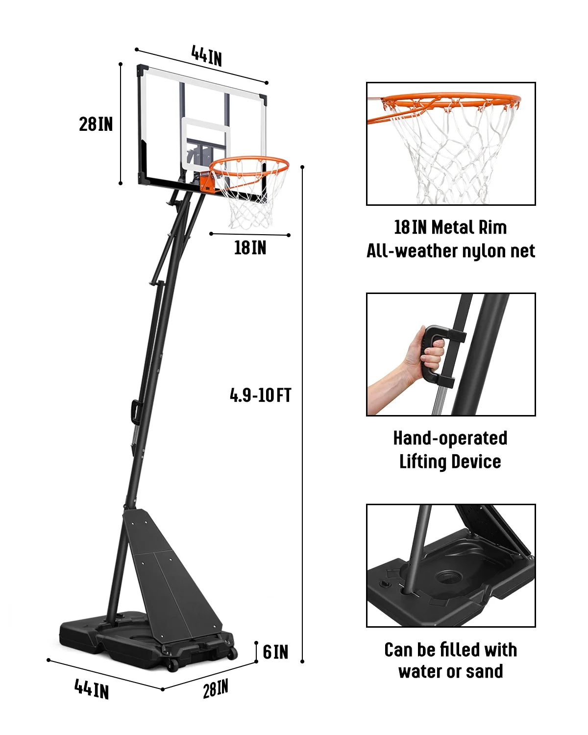 Panier de basketball Seray réglable en hauteur de 4,8 à 10 pieds pour enfants/adultes, panier de basketball portable avec panneau de 44 pouces et 2 roues pour sports en extérieur/intérieur