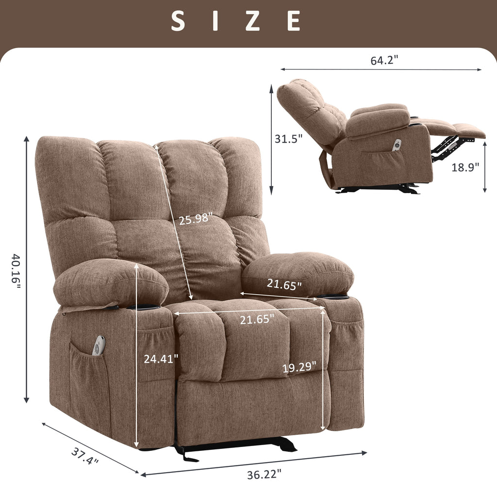 Fauteuil inclinable manuel JONPONY avec fonction de massage et de chauffage, mécanisme d’inclinaison robuste, fauteuil à bascule individuel pour personnes âgées avec porte-gobelets, pour chambre et salle de cinéma maison, gris