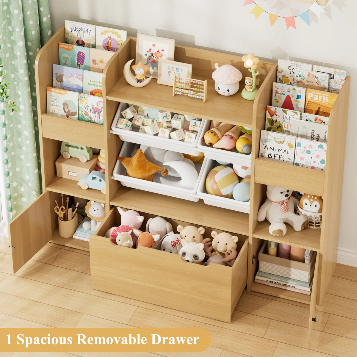 Hiphuta Bibliothèque et Meuble de Rangement pour Jouets pour Enfants, Organisateur en Bois avec 4 Paniers et 2 Tiroirs Amovibles pour la Maison et la Chambre, Étagère à Livres pour Enfants avec Bac à Jouets et Support à Livres, Blanc