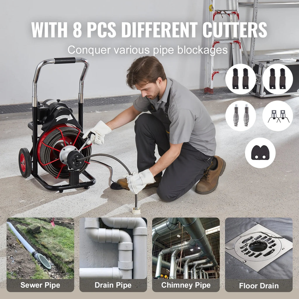 Déboucheur de canalisations VEVOR 30,5 m x 1/2 pouce, furet de canalisation automatique sur roulettes, machine portable de 550 W avec 8 coupe-racines et pédale de commande à air pour 2 à 4 canalisations