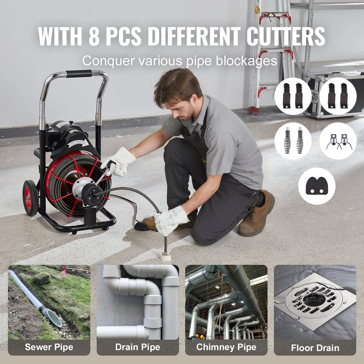 Déboucheur de canalisations VEVOR 30,5 m x 1/2 pouce, furet de canalisation automatique sur roulettes, machine portable de 550 W avec 8 coupe-racines et pédale de commande à air pour 2 à 4 canalisations