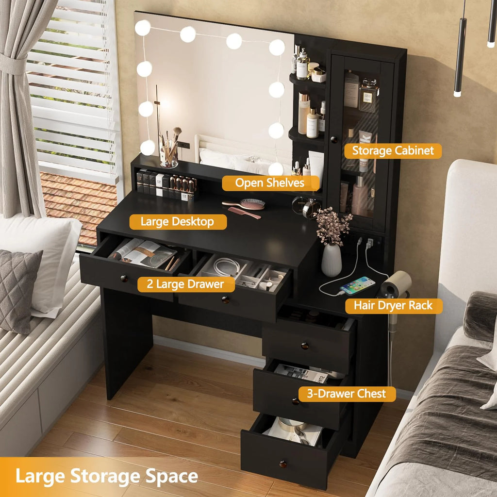 Coiffeuse VEANERWOOD avec miroir éclairé et bloc multiprise, table de maquillage moderne avec 5 tiroirs, blanc