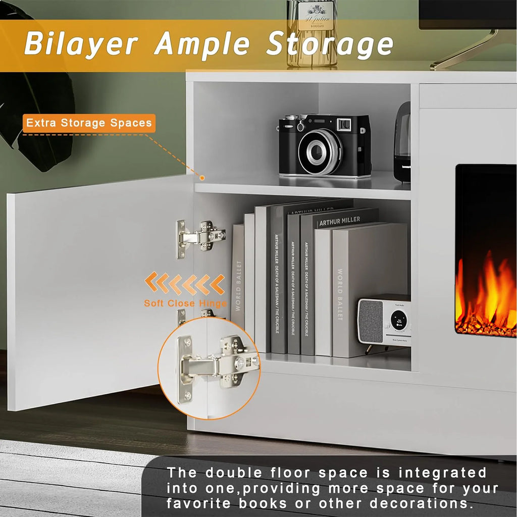 Meuble TV avec cheminée Waleaf avec cheminée électrique de 36 pouces pour téléviseurs jusqu’à 80 pouces, console multimédia moderne en bois avec meuble éclairé, blanc