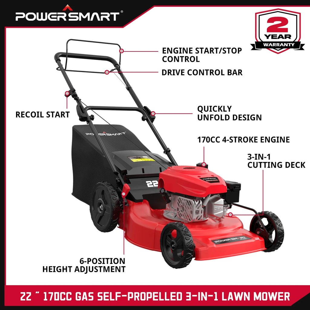 Tondeuse à gazon autotractée PowerSmart 21 170CC, avec 10 roues arrière