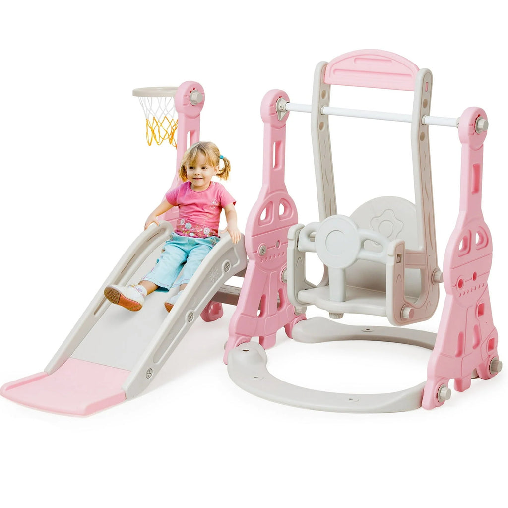 Ealing   Ensemble toboggan et balançoire 4 en 1 pour tout-petit   Structure de jeu avec toboggan d'intérieur et d'extérieur pour bébé   avec panier de basket-ball & Toboggan balançoire de jardin pour garçons et filles Longueur du toboggan : 11,02' L Rose
