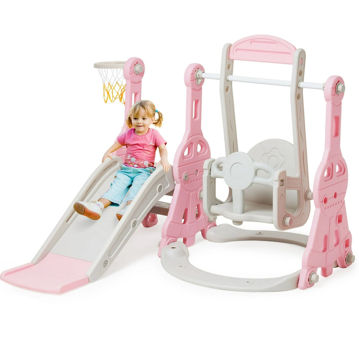 Ealing   Ensemble toboggan et balançoire 4 en 1 pour tout-petit   Structure de jeu avec toboggan d'intérieur et d'extérieur pour bébé   avec panier de basket-ball & Toboggan balançoire de jardin pour garçons et filles Longueur du toboggan : 11,02' L Rose