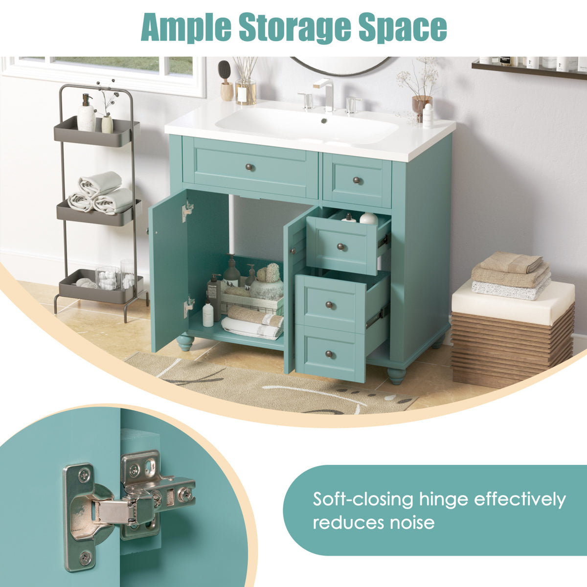 Meuble-lavabo de salle de bains Harper & Bright Designs 30 avec lavabo, armoire de salle de bains avec plateau en céramique, portes et tiroir de rangement multifonctionnels, vert