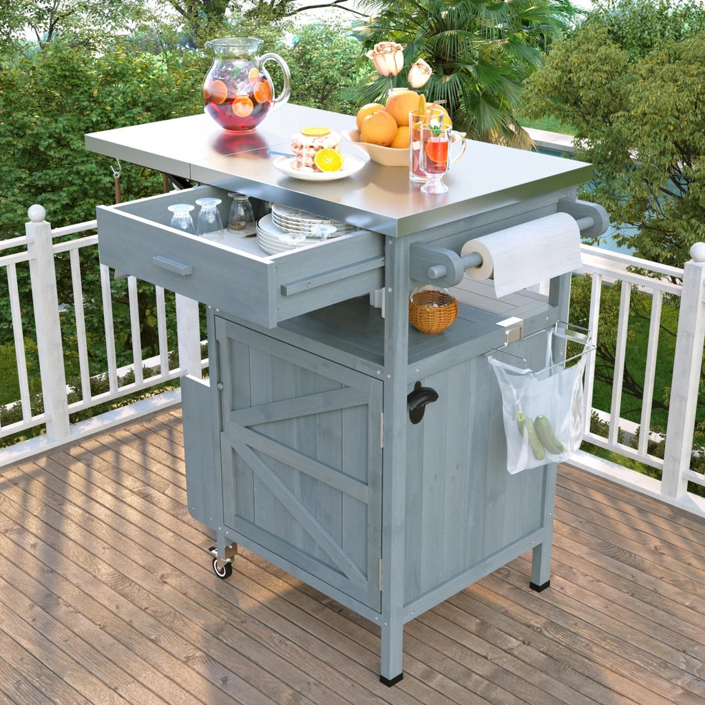Îlot de cuisine d'extérieur en bois massif avec abattant, table pour barbecue avec plateau en acier inoxydable, chariot de bar d'extérieur et meuble de rangement avec roulettes verrouillables, tiroir, porte-épices, gris-bleu