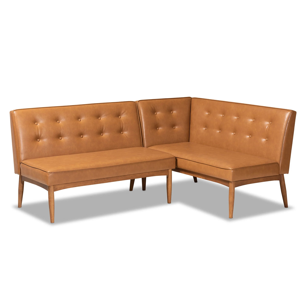 Baxton Studio Arvid Canapé d'angle de salle à manger 2 pièces avec banc, style moderne du milieu du siècle, rembourré en similicuir beige et bois avec finition brun noyer