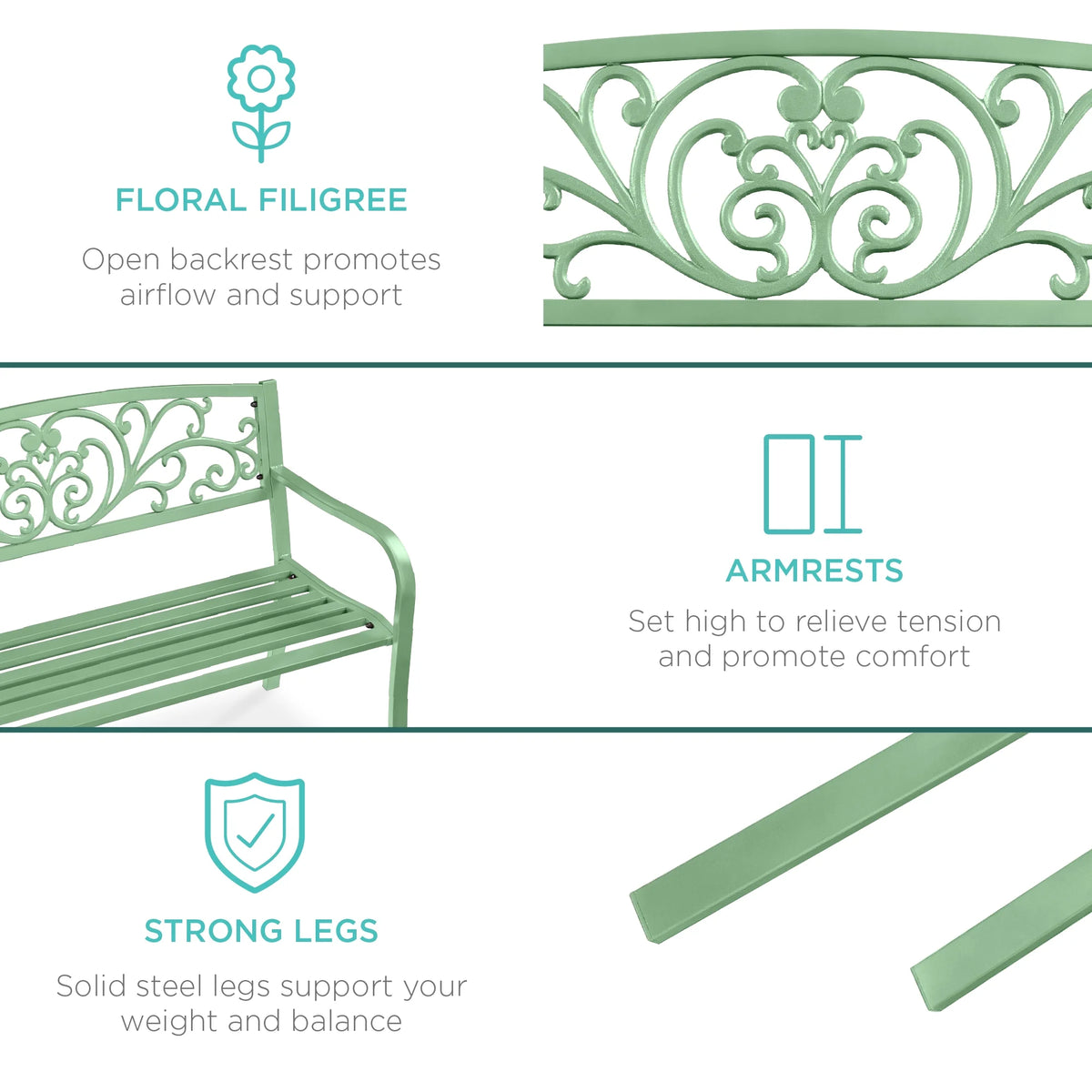 Best Choice Products Banc en Acier d'Extérieur Jardin Patio Porche Meuble avec Dossier à Motif Floral - Noir