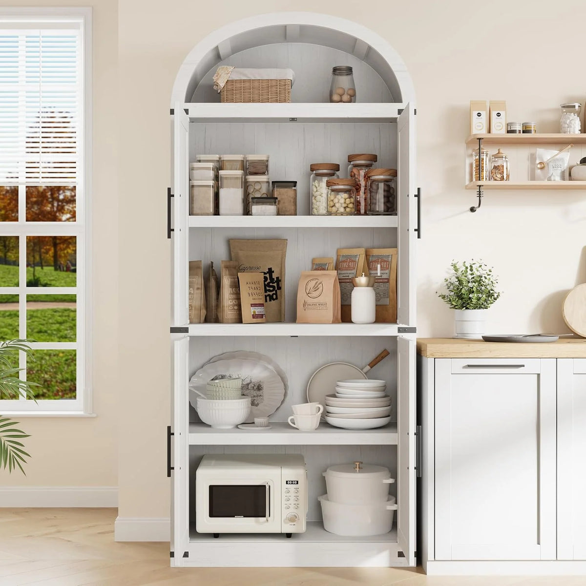 Armoire de rangement cintrée Garvee, garde-manger de cuisine de 71,6 de haut avec portes, bibliothèque de style maison de campagne à 5 niveaux, grande vitrine en bois pour cuisine, salle à manger, salon, blanc